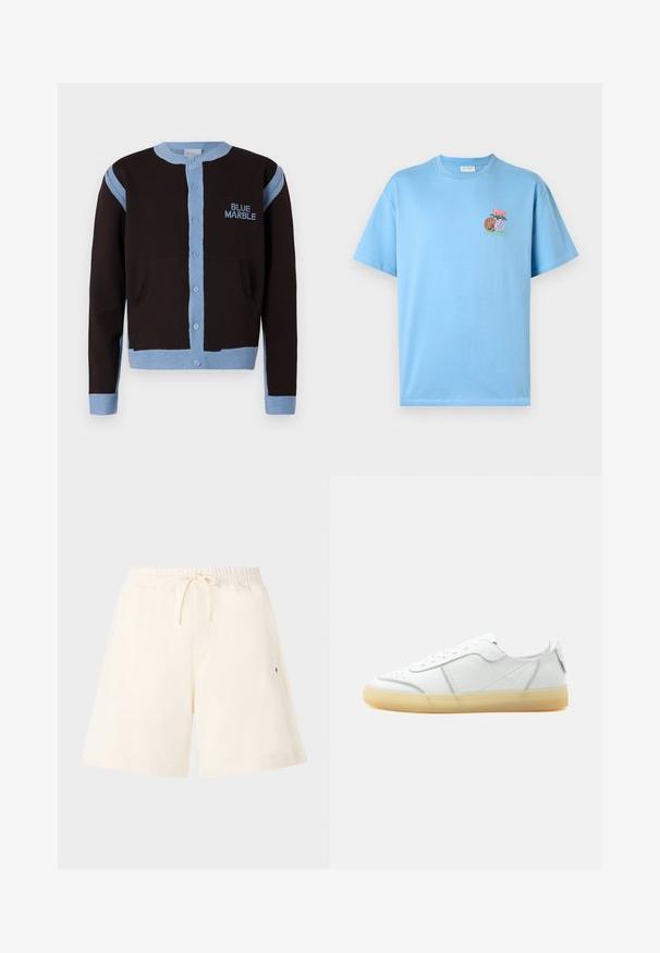 Čierny cardigan so svetlomodrými akcentmi, s gombíkovým zapínaním a vreckami. Logo "BLUE MARBLE" je vyšívané modrou farbou na hrudi.; Svetlomodré tričko s krátkym rukávom vyrobené z bavlny, s vyšívaným motívom kvetov a basketbalovej lopty na hrudi.; Krémové šortky vyrobené z mäkkého materiálu, s elastickým pásom a šnúrkou, bočnými vreckami a voľným strihom.; Biela nízka kožená teniska s béžovou priehľadnou podrážkou, šnurovaním vpredu a minimálnymi švami, zobrazená z boku na jednoduchom pozadí.