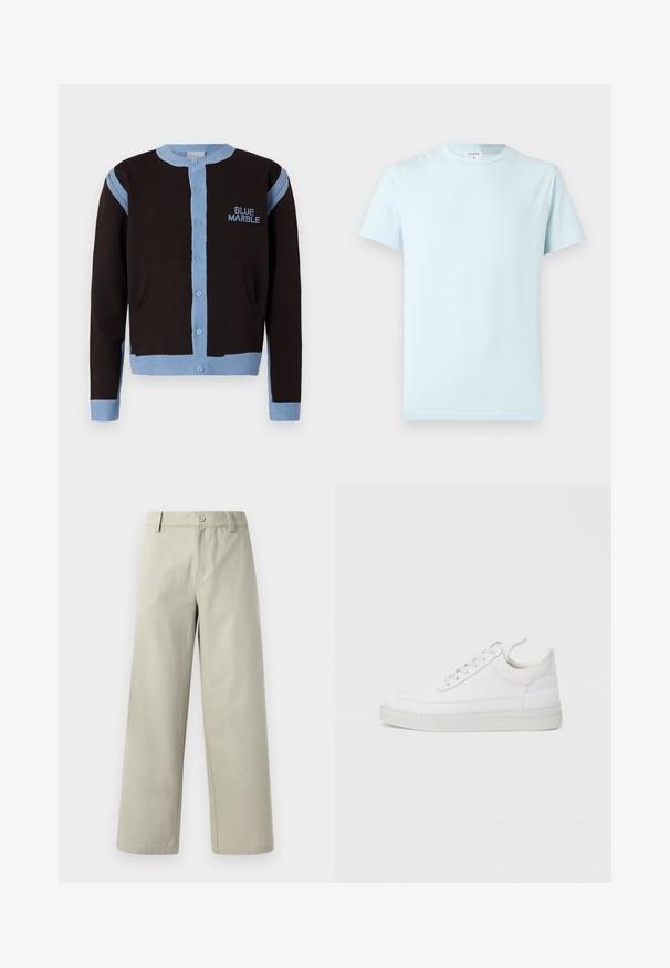 Sort cardigan med lyseblå detaljer, med knaplukning og lommer. "BLUE MARBLE" logoet er broderet i blåt på brystet.; Lyseblå kortærmet T-shirt lavet af blød bomuld. Har en klassisk rund halsudskæring og et minimalistisk design uden mønstre eller detaljer.; Han Kjøbenhavn WIDE LEG - Bukser - light grey; Hvid lædersneaker med rundet tå, flad sål og snørebånd foran. Har syningsdetaljer og polstret krave for komfort.