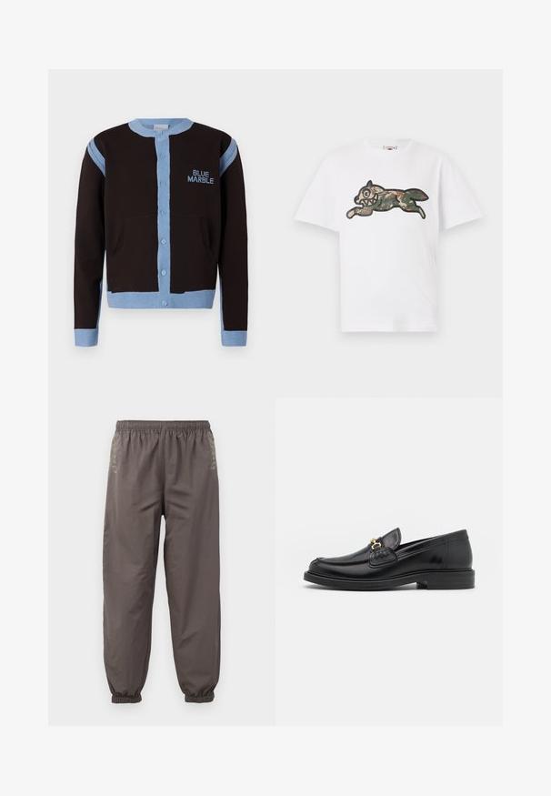 Zwarte cardigan met lichtblauwe accenten, voorzien van een knopenaanpassing en zakken. Het "BLUE MARBLE" logo is in het blauw op de borst geborduurd.; Icecream CAMO RUNNING DOG WOODLAND - T-shirt print - white; Donkergrijze, elastische broek met een relaxte pasvorm. Voorzien van gathered boorden en subtiele borduursels aan de zijkanten. Lichtgewicht stof.; Zwarte leren instappers met een ronde neus, voorzien van een gouden hardware accent en stikdetails, geplaatst op een lage, getextureerde rubberen zool.