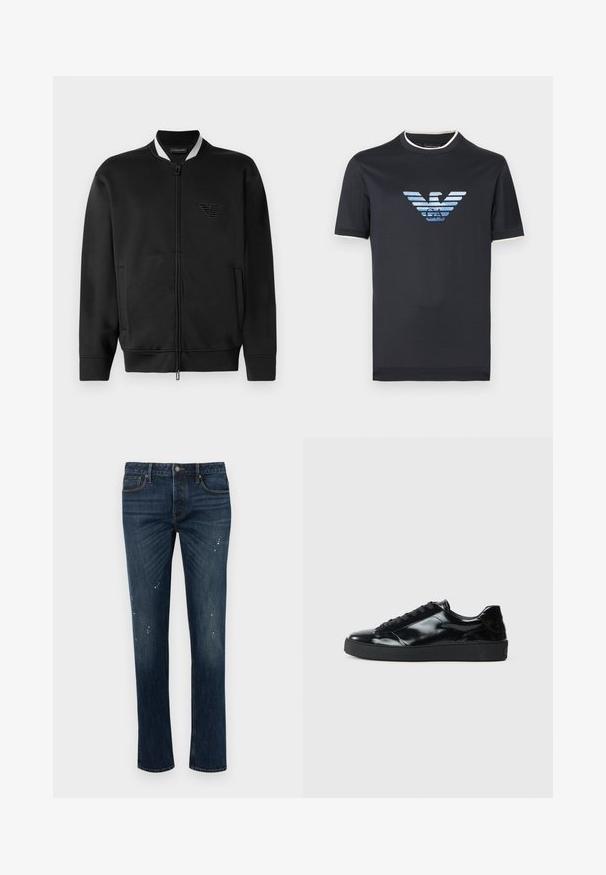 Schwarze Bomberjacke mit Reißverschluss vorne, geripptem Kragen und gesticktem Logo. Verfügt über zwei seitliche Taschen und eine glatte Stoffoberfläche.; Navyblaues Baumwoll-T-Shirt mit kurzen Ärmeln, mit einem Farbverlauf-Adlerlogo in Blautönen und einem weißen Akzent entlang des Kragens.; Dunkelblaue Slim-Fit-Jeans mit leichtem Verblassen und kleinen weißen Farbspritzern, ausgestattet mit fünf Taschen und Knopfverschluss.; Schwarze Lackledersneaker mit runder Zehenform, Schnürdesign, strukturiertem Gummisohle und glatter Oberfläche.