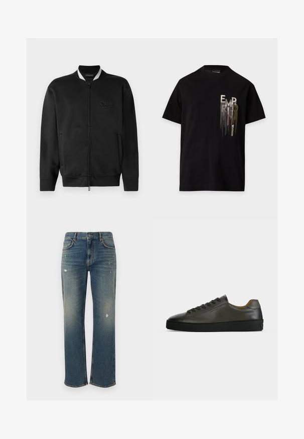 Must mustriga jope, millel on lukk ees, soonikkoesid ja brodeeritud logo. Omab kahte küljetaskut ja sileda kangasteksti.; Must lühikeste varrukatega T-särk, millel on vertikaalne metallikust hõbedane ja kuldne "EMPORIO ARMANI" logo vasakul rinnal.; Keskmise sinise värvusega teksapüksid otsekäärimisega, millel on kerged fassaadid ja kulunud laigud. Klassikaline viie tasku disain ja pealmine nupu sulgemine.; Madal tumehall nahast tennisejalats mustade paelte ja tallaga, minimalistlik disain, külgvaade ühtlasel heledal taustal.