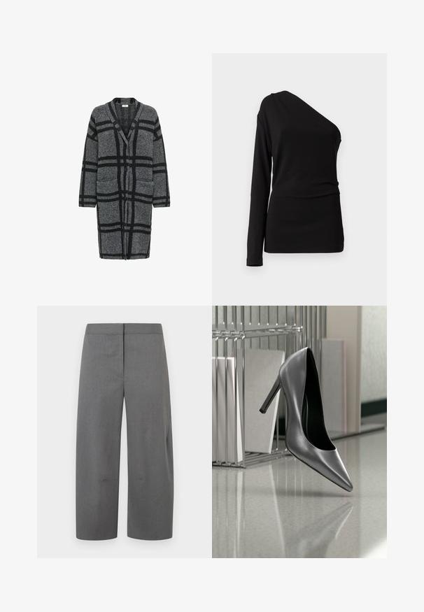 Cardigan long gris avec un motif à carreaux noir, en tissu texturé, présentant un col en V, des manches longues et deux poches à l'avant.; Haut à manches longues noir avec un décolleté asymétrique, une texture lisse et une silhouette ajustée. Pas de motifs ni d'ornements visibles.; Pantalon gris ajusté avec une coupe droite et à jambes larges. Texture lisse, coutures minimales, sans poches visibles ni ornements.; Chaussure noire à talon haut suspendue en l'air devant un classeur métallique avec des dossiers sur une surface polie.
