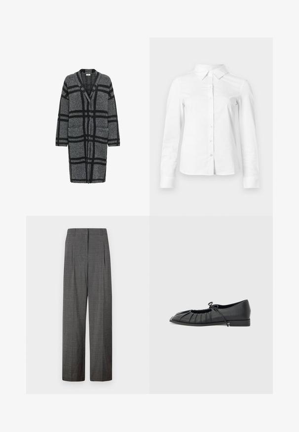 Cardigan long gris avec un motif à carreaux noir, en tissu texturé, présentant un col en V, des manches longues et deux poches à l'avant.; Chemise blanche à manches longues avec boutons, col pointu, ourlet droit et silhouette ajustée, présentée sur un fond clair uni.; Vero Moda VMSIKITA WIDE DAD PANT - Pantalon classique - medium grey/black; Chaussure plate noire avec design plissé à l'avant et un nœud noué sur le dessus, petit talon, et texture lisse sur un fond gris clair.
