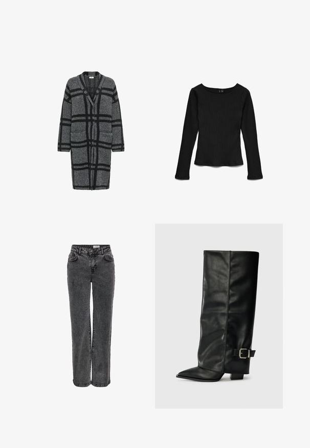 Cardigan long gris avec un motif à carreaux noir, en tissu texturé, présentant un col en V, des manches longues et deux poches à l'avant.; Haut noir à manches longues en maille côtelée avec un col rond et une silhouette ajustée, posé à plat sur un fond blanc.; Jeans en denim noir au design droit, avec poches avant, passants de ceinture et une texture légèrement délavée.; Bottes noires en cuir longueur cheville avec un bout pointu, texture lisse et une accent en boucle argentée sur le côté. Talon carré épais.