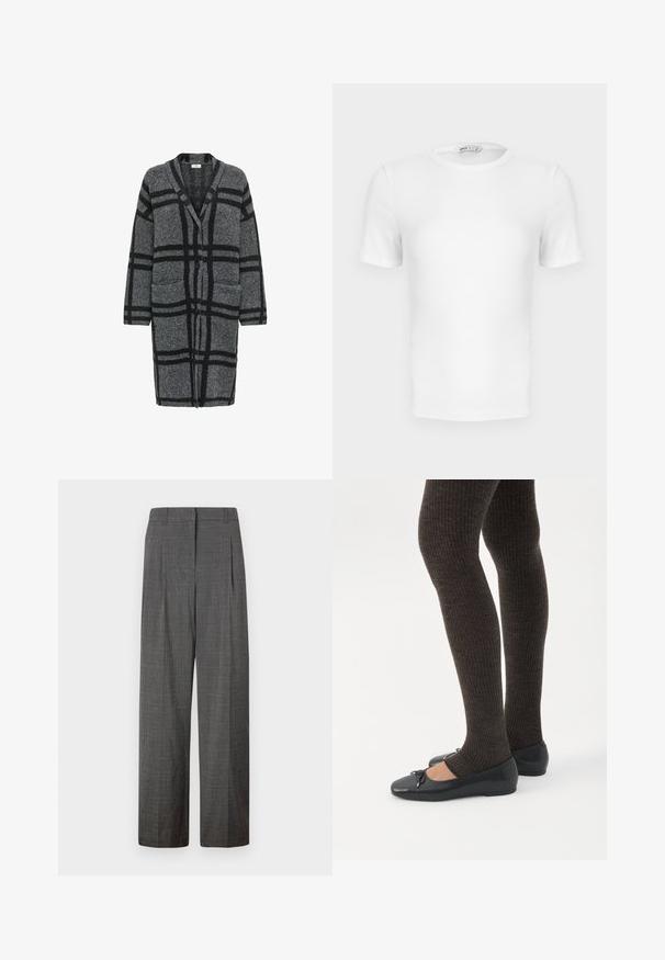 Cardigan long gris avec un motif à carreaux noir, en tissu texturé, présentant un col en V, des manches longues et deux poches à l'avant.; T-shirt blanc à manches courtes, côtelé, col rond avec une coupe ajustée et une petite étiquette de marque à l'intérieur du col.; Vero Moda VMSIKITA WIDE DAD PANT - Pantalon classique - medium grey/black; Jambes portant des leggings côtelés foncés associés à des ballerines noires avec de petits détails en nœud sur fond blanc.