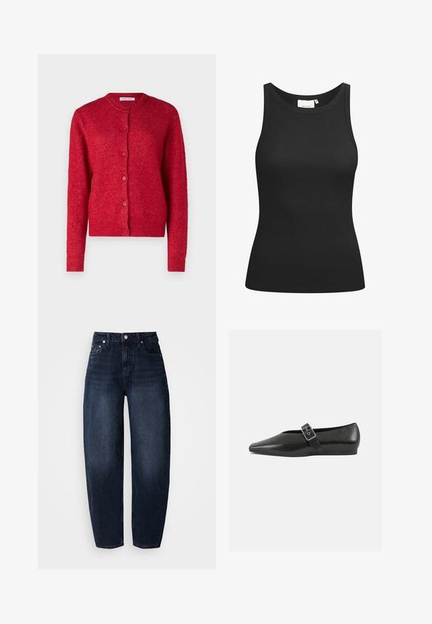 Cardigan rouge avec un col rond, des manches longues et une fermeture à boutons. Fabriqué en matériau doux avec une finition légèrement texturée.; Débardeur noir en tissu côtelé, avec un décolleté en forme de rond et une coupe ajustée. Coutures plates et sans ornements. Design simple et épuré.; Jean en denim bleu foncé à coupe décontractée, présentant une taille haute, une coupe droite et un style classique à cinq poches.; Chaussure plate en cuir noir avec un orteil pointu, présentant une sangle à boucle métallique sur le cou-de-pied et une semelle basse et flexible.