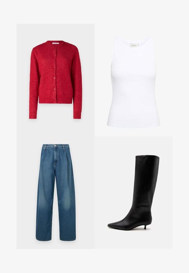 Cardigan rouge avec un col rond, des manches longues et une fermeture à boutons. Fabriqué en matériau doux avec une finition légèrement texturée.; Débardeur blanc côtelé avec un col rond et sans manches. Tissu extensible et design ajusté. Étiquette au dos indiquant "GESTUZ."; Jeans bleu à jambes larges en denim, avec une taille haute, une fermeture par boutons à l'avant, et un léger délavage sur le tissu.; Botte noire en cuir jusqu'au genou avec bout pointu et petit talon kitten sur un fond clair uni.