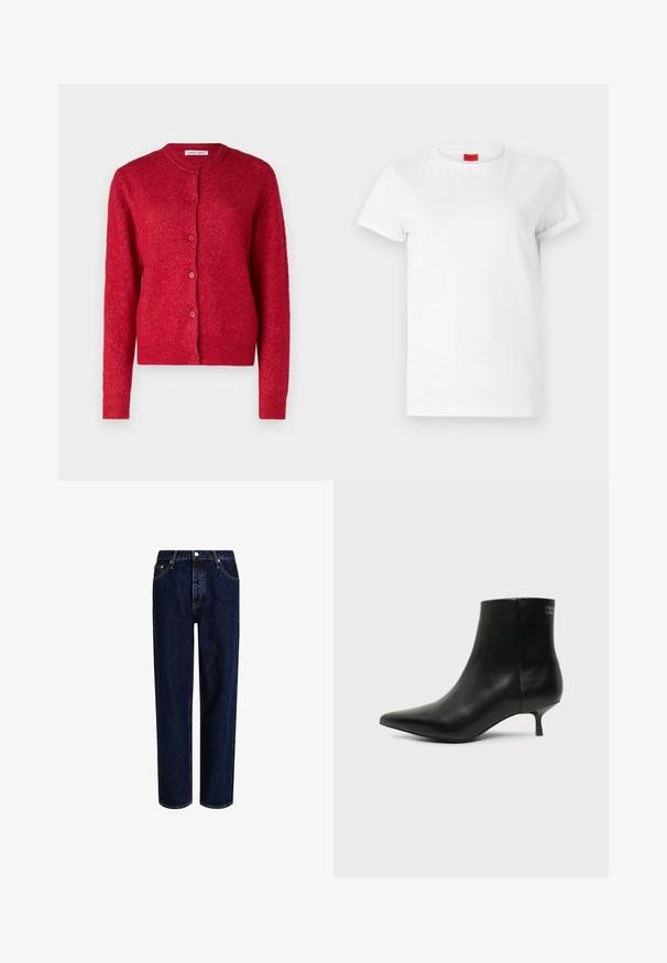 Cardigan rouge avec un col rond, des manches longues et une fermeture à boutons. Fabriqué en matériau doux avec une finition légèrement texturée.; T-shirt blanc à manches courtes en coton léger. Présente un col rond et des manches retroussées. Étiquette logo rouge sur le col.; Jeans en denim bleu foncé avec une coupe droite, dotés d'une taille haute, d'un style à cinq poches et de coutures contrastantes. Sans embellissements.; Bottine en cuir noir avec bout pointu et petit talon kitten sur fond clair, vue côté extérieur.