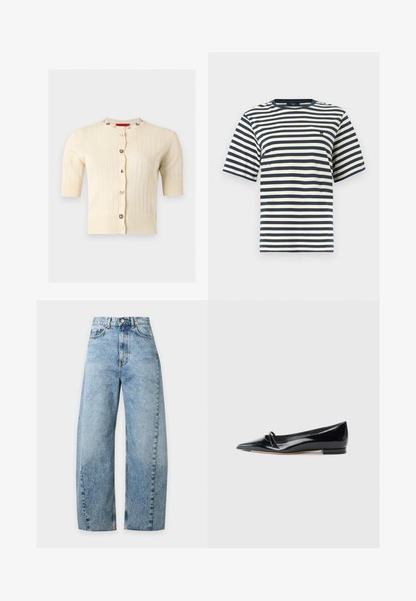 Cardigan crème à manches courtes côtelé avec des boutons décoratifs ornés de bijoux sur le devant et l'encolure.; T-shirt à manches courtes avec col ras du cou, rayures horizontales bleu marine et blanches, et petit logo noir brodé sur la poitrine.; Jean en denim bleu clair taille haute, jambes larges, bouton et fermeture éclair à l’avant, poches avant visibles.; Chaussure plate en cuir verni noir avec un bout pointu, une petite lanière décorative et un petit talon carré. Texture lisse et design épuré.
