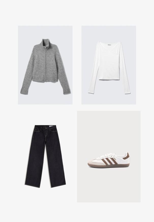 Pull gris zippé avec un col haut, des poignets côtelés et une base côtelée. Fabriqué à partir d'un tissu doux et texturé, il possède des manches raglan et un design court.; Haut blanc à manches longues avec un design croisé et une poche. Fabriqué dans un tissu lisse et extensible. Coupé dans une coupe décontractée et ample.; Jean bleu foncé à jambes larges avec poches avant, passants de ceinture et surpiqûres contrastantes, posé à plat sur un fond blanc.; Baskets Adidas Samba blanches avec des bandes en daim marron, semelle en caoutchouc marron et bout en daim beige, vues du côté extérieur sur un fond uni.