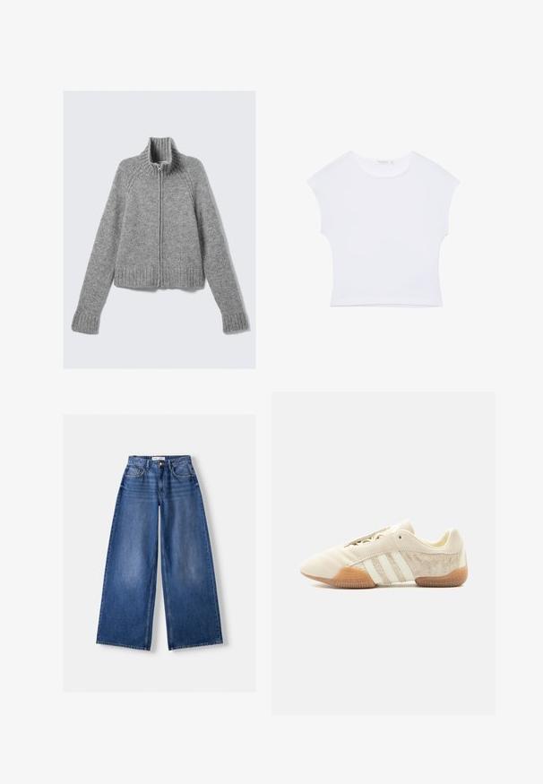 Pull gris zippé avec un col haut, des poignets côtelés et une base côtelée. Fabriqué à partir d'un tissu doux et texturé, il possède des manches raglan et un design court.; T-shirt court blanc à manches courtes avec col rond, en tissu lisse, posé à plat sur un fond blanc.; Jeans en denim bleu à jambes larges avec poches avant, passants de ceinture et fermeture par bouton, posés à plat sur un fond clair.; Baskets beige profil bas avec trois bandes blanches, panneaux latéraux en suède texturé, semelle en gomme et fermeture à lacets sur fond uni.