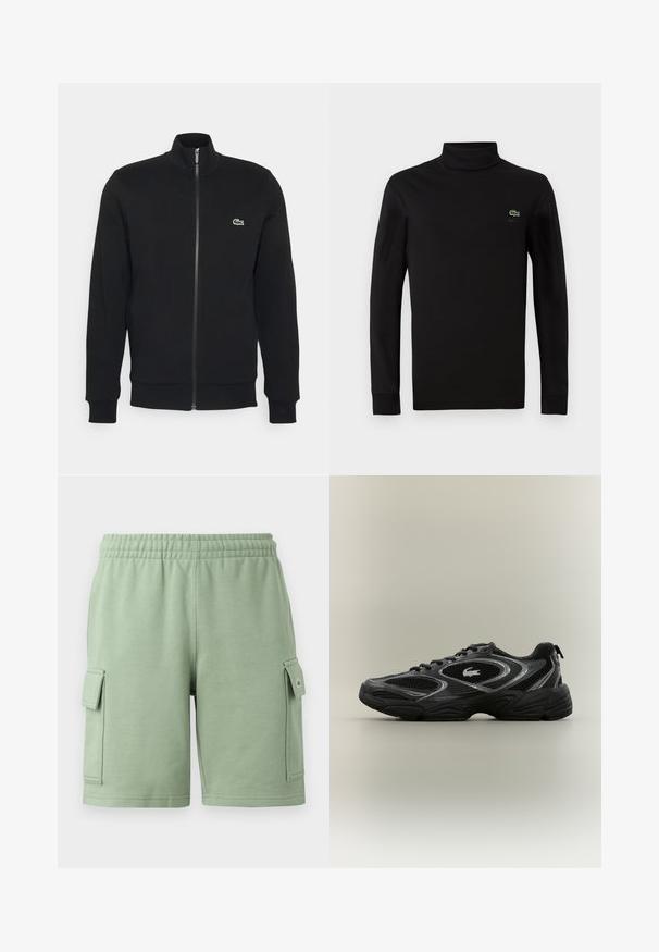 Zwarte ritsjack gemaakt van zachte stof. Heeft een hoge kraag, lange mouwen en een klein groen logo aan de linkerkant van de borst.; Zwarte turtleneck met lange mouwen, gemaakt van een gladde katoenstof, met een klein groen krokodillogo op de linkerborst.; Groene katoenen shorts met een elastische tailleband, twee zijvakjes en een klein logo op de linker broekzak.; Zwarte en grijze sport sneaker met meshpanelen, vetersluiting, dikke zool en een klein krokodillologo aan de zijkant.
