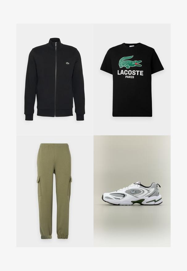 Sort zip-jakke lavet af blødt stof. Har en høj krave, lange ærmer og et lille grønt logo på venstre side af brystet.; Sort bomulds T-shirt med et grønt krokodillelogo og teksten "LACOSTE PARIS" i hvid. Korte ærmer og klassisk rund halsudskæring.; Cargo bukser i olivengrønt letvægtsstof, med sidelommer, elastisk talje og taperede manchetter for en tætsiddende pasform.; Hvid og grå sporty løbesko med mesh-paneler, grønne detaljer, sorte elementer og et logo på siden, vist fra ydersiden.