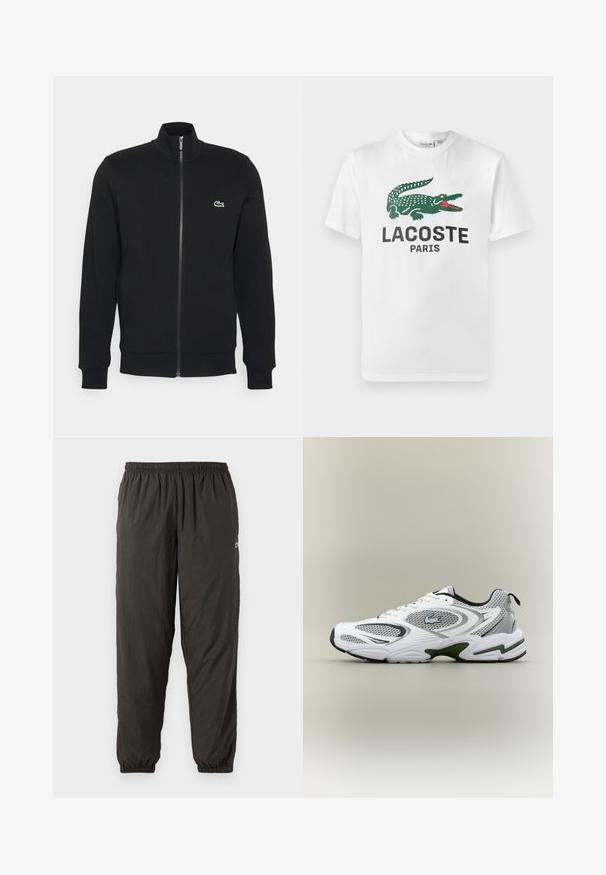 Must mustri erkkär, pehmete kangastega. Omab kõrget kraed, pikki varrukaid ja väikest rohelist logo rindkere vasakul küljel.; Lacoste Trükipildiga T-särk - white; Mustad, kerge, elastse vööümbermõõduga püksid, millel on lõtv istuvus. Omavad elastseid mansette ja diskreetset logo külgedel. Sile tekstuur.; Valge ja hall sportlik jooksujalats, millel on võrgupaneelid, rohelised aktsendid, mustad detailid ja küljes logo, nähtuna välisküljelt.