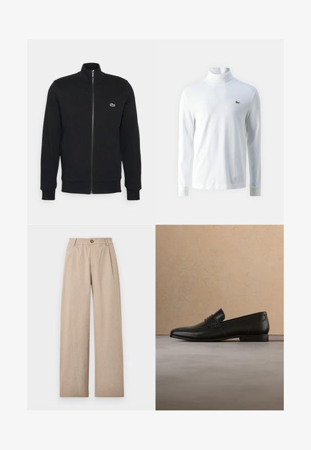 Zwarte ritsjack gemaakt van zachte stof. Heeft een hoge kraag, lange mouwen en een klein groen logo aan de linkerkant van de borst.; Witte lange mouw turtleneck shirt van zachte stof, met een klein groen geborduurd logo op de borst en aansluitende manchetten.; Beige wijde broek met een gestructureerde afwerking, voorzien van plooien en een elastische tailleband, die aan de voorkant met een bronzen knoop is vastgezet.; Zwarte leren loafer schoenen zwevend in de lucht boven een beige tapijt met een beige bank op de achtergrond.