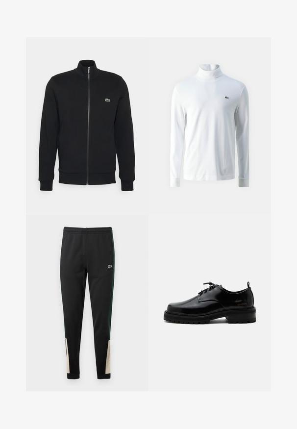 Zwarte ritsjack gemaakt van zachte stof. Heeft een hoge kraag, lange mouwen en een klein groen logo aan de linkerkant van de borst.; Witte lange mouw turtleneck shirt van zachte stof, met een klein groen geborduurd logo op de borst en aansluitende manchetten.; Zwarte sweatpants met groene zijstrepen en beige accenten bij de boorden. Elastische tailleband en Lacoste-logo aan de voorkant. Glad textuur.; Zwarte gepolijste leren veterschoen met dikke rubberen zool en lage hak, zijmerktekst "SAMSOE" en een achterste aantreklus.