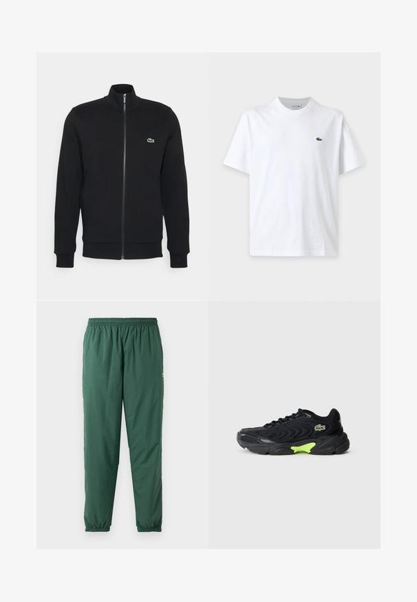Zwarte ritsjack gemaakt van zachte stof. Heeft een hoge kraag, lange mouwen en een klein groen logo aan de linkerkant van de borst.; Effen wit T-shirt met korte mouwen, ronde hals en klein groen krokodillenlogo op de linkerborst.; Groene, lichtgewicht, elastische broek met een geplooide tailleband en boorden, gemaakt van een gladde, waterafstotende stof.; Zwarte sneaker met een golvende gaasontwerp, met een groene accent op de zool en een merkl logo. Zachte rubberen zool, lichte constructie.