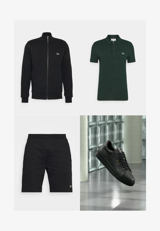 Zwarte ritsjack gemaakt van zachte stof. Heeft een hoge kraag, lange mouwen en een klein groen logo aan de linkerkant van de borst.; Donkergroene polo shirt van katoen, met een twee-knopen knoopsluiting, korte mouwen en een klein geborduurd krokodillenlogo op de linkerborst.; Zwarte katoenen shorts met een elastische tailleband en een klein groen logo-accent. Heeft een rechte snit en een soepele textuur.; Zwarte leren sneaker met zwarte veters en gouden GANT-logo die binnenshuis zweeft op een gepolijste betonnen vloer vlak bij een muur van glasblokken.