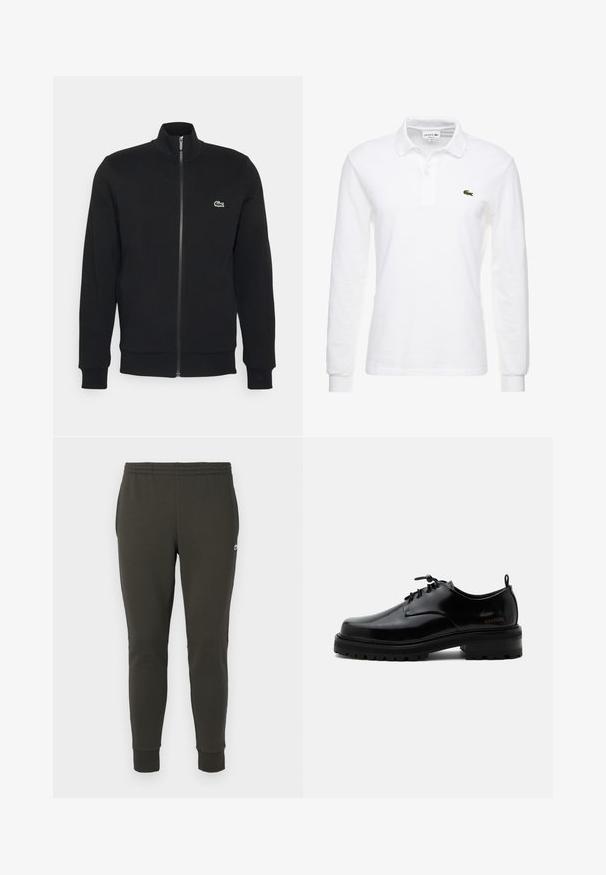 Zwarte ritsjack gemaakt van zachte stof. Heeft een hoge kraag, lange mouwen en een klein groen logo aan de linkerkant van de borst.; Witte poloshirt met lange mouwen van katoen, met een klassieke kraag en een klein groen Lacoste-logo op de borst. Glad textuur.; Donkergroene joggingsbroek van zacht stof, met een elastische tailleband, geribde boorden en een klein logo op de zijkant.; Zwarte gepolijste leren veterschoen met dikke rubberen zool en lage hak, zijmerktekst "SAMSOE" en een achterste aantreklus.