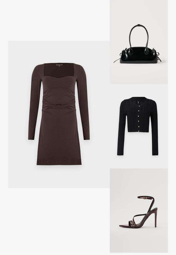 Sort cropped cardigan lavet af strikket stof, med et kabelmønster og V-hals, samt seks perleknapper ned foran.; Brun, langærmet kjole med firkantet uddybning og indsamlet detaljering i taljen. Glat tekstur, knælængde og tætsiddende design.; Bordeaux laker læder højhælede sandal med ankelrem, spids tå og tre vandrette remme over foden. Detalje med spænde i guldtonet.; Lille sort blank håndtaske med to lange håndtag og snøre-detaljer i siden på en ensfarvet lys baggrund.