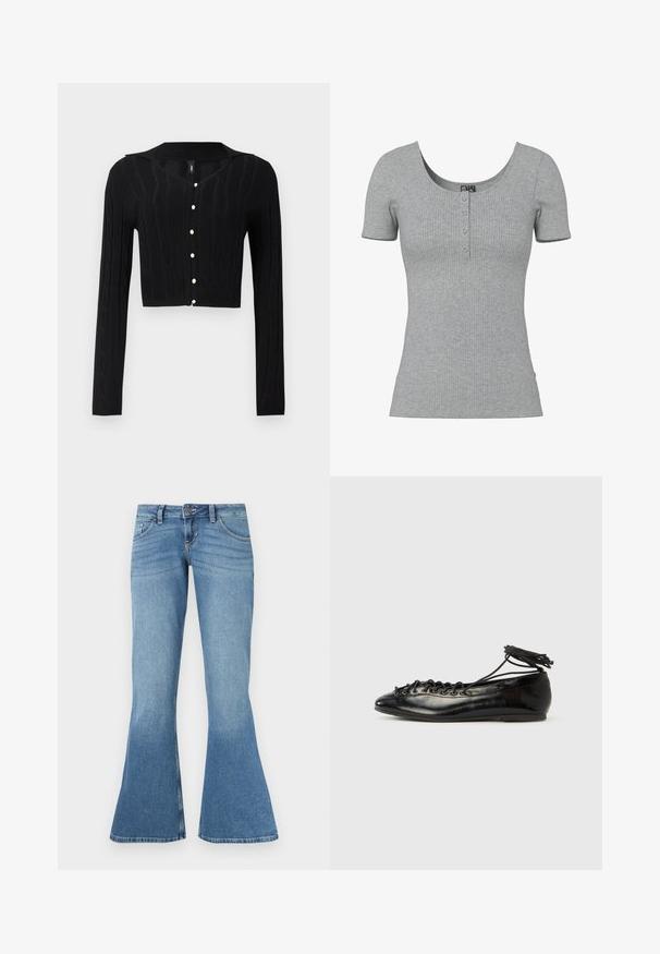 Sort cropped cardigan lavet af strikket stof, med et kabelmønster og V-hals, samt seks perleknapper ned foran.; Grå ribbet kortærmet top med en rund Halsudskæring og fire små knapper ned foran midt på.; Blå denim flared jeans med høj talje, der har fem lommer, kontrastsyninger og en let farvegradient mod kanten.; Sorte balletflade sko i laklæder med rundet tå, snørelukning og flad sål. Glat tekstur med få detaljer.