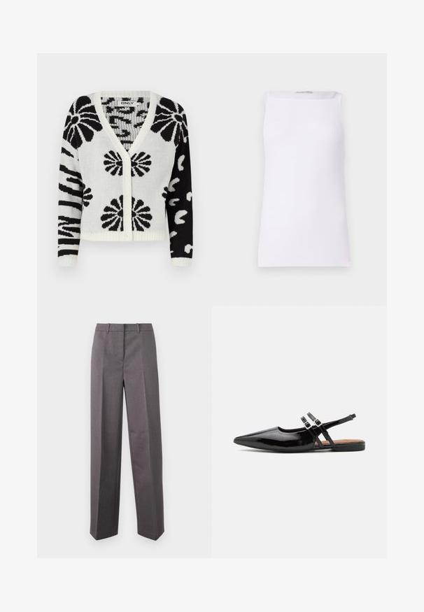 Cardigan à motifs noir et blanc avec un col en V, fermeture à boutons et ourlet côtelé. Présente des motifs floraux et abstraits sur l'ensemble.; Haut sans manches blanc en tissu côtelé. Présente une coupe droite et un décolleté large en forme de bateau. Texture lisse sans motifs ni accents visibles.; Pantalon tailleur gris en tissu texturé, avec une coupe droite, un devant plat et des passants de ceinture.; Des chaussures slingbacks en cuir verni noir présentent un bout pointu, deux sangles avec des accents de boucle, et une semelle plate.