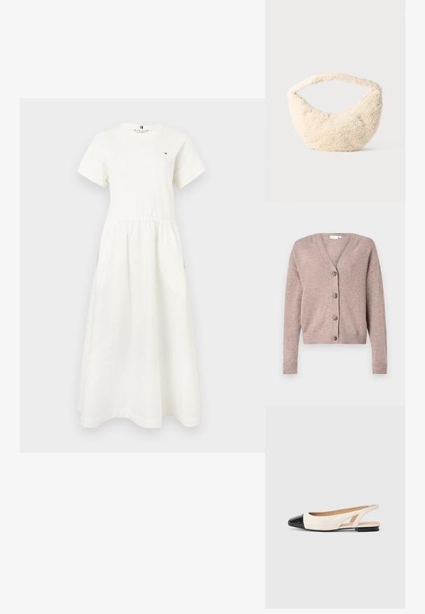 VILA VIRIL V-NECK KNIT CARDIGAN - NOOS - Kardigan - brown; Valge lühikeste varrukatega midi pikkusega kleit, millel on kogutud vöökoht ja väike punane, valge ja sinine logo ülemisel vasakul rinnanüül.; Naise madala kontsaga avatud kannaga kingad kreemikas toonis, musta lakknahast terava ninaga, lihtsa heleda halli taustaga.; Kreemikaalune kott pehme ja karvane tekstuur. Kõver kuju ja lai rihm kandmiseks. Lihtne disain, ei ole nähtavaid metallosi või aksessuaare.
