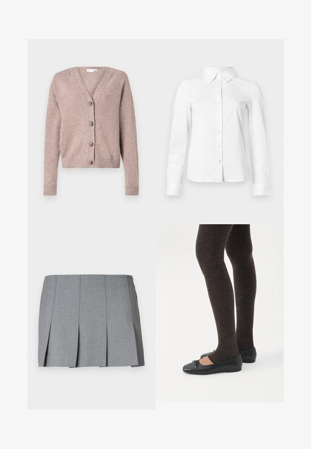 VILA VIRIL V-NECK KNIT CARDIGAN - NOOS - Ζακέτα - brown; Λευκό πουκάμισο με μακριά μανίκια κουμπιά, με μυτερό γιακά, ίσια τελείωμα και εφαρμοστή σιλουέτα, εμφανίζεται σε απλό φωτεινό φόντο.; Γκρίζα πλισέ φούστα με λείο υφή, δομημένο σχέδιο και εφαρμοστό μέση. Φτιαγμένη από ελαφρύ ύφασμα με διακριτό σχέδιο.; Πόδια με σκουρόχρωμα ριμπ κολάν συνδυασμένα με μαύρα μπαλαρίνα παπούτσια με μικρές λεπτομέρειες φιόγκων σε λευκό φόντο.