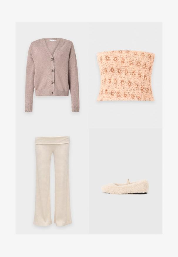 VILA VIRIL V-NECK KNIT CARDIGAN - NOOS - Neuletakki - brown; Olkaimeton, rypytetty beige putkimainen yläosa, jossa on kauttaaltaan ruskea tähtimäinen kuvio yksivärisellä vaaleanharmaalla taustalla.; Kermanväriset ribbineulokset, leveälahkeiset housut, joissa on taittoreunuksellinen vyötäröripa, esillä valkoisella taustalla.; Pehmeä, kermavärinen tohveli, jossa on pehmeä pinta, pyöristetty kärki, minimalismi ja pieni kangaslenkki takana, joka helpottaa pukemista.