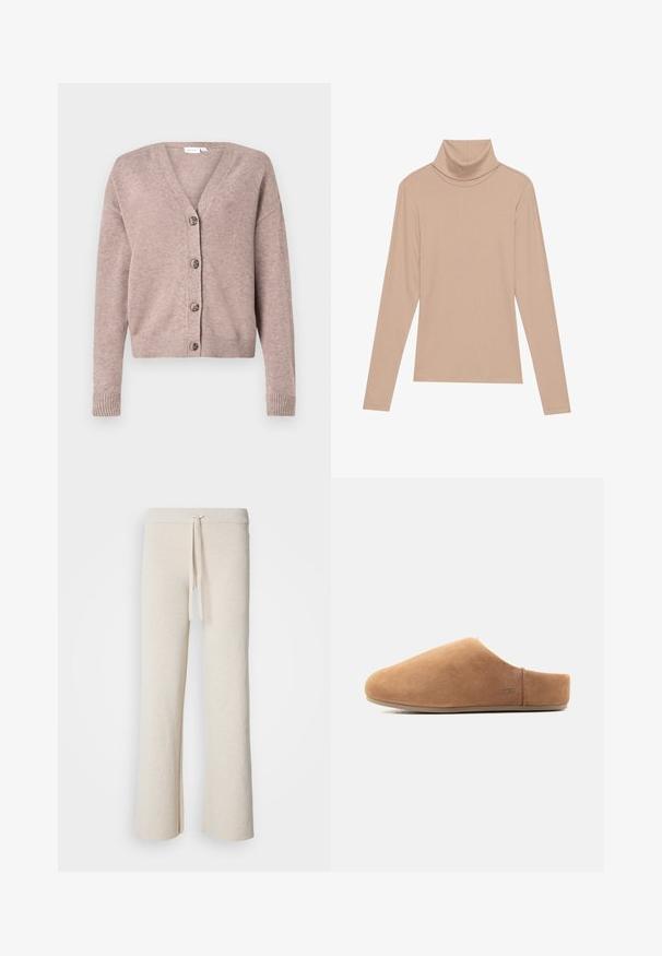 VILA VIRIL V-NECK KNIT CARDIGAN - NOOS - Ζακέτα - brown; Μπεζ μακριμάνικο ριμπ τζέρσεϊ τοπ με ψηλό γιακά, τοποθετημένο επίπεδα σε ανοιχτό φόντο.; Μπεζ παντελόνι με φαρδιά πόδια, φτιαγμένο από μαλακό ύφασμα, με ελαστική μέση που διαθέτει κορδόνι και πλαϊνές σχισμές στο στρίφωμα.; Παντόφλα slip-on από ταμπά σουέντ με κλειστή μύτη, ανοιχτή πλάτη, επίπεδη σόλα και μικρό λογότυπο UGG στο πλάι, εμφανιζόμενη προφίλ.