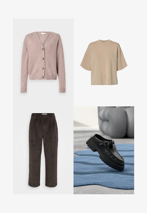 VILA VIRIL V-NECK KNIT CARDIGAN - NOOS - Kardigan - brown; Beežikas ülikoopaline lühikeste varrukatega t-särk ümmarguse kaelusega ja langetatud õlgadega, valgel taustal.; Pruunid tõmblemisega püksid, mis on sirge säärega kujundusega, peene tekstuuriga ning esise luku ja küljetaskutega.; Mustast nahast loafer paksu kummisäärise ja hõbedase pandlaga, asetatud nurga all tekstureeritud sinisele vaibale.