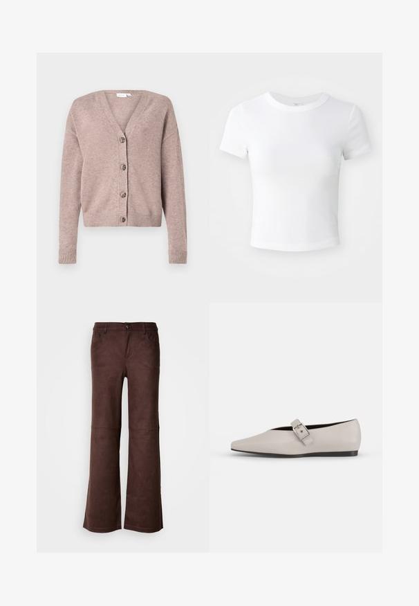 VILA VIRIL V-NECK KNIT CARDIGAN - NOOS - Cardigan - brown; Simpel hvid kortærmet cropped t-shirt med rund halsudskæring, præsenteret på en neutral lys baggrund.; Brune flagrende bukser i et blødt, suede-lignende stof. Har fire lommer, en knaplukning og en glat, tekstureret overflade.; Beige læder flad sko med spidse tæer, en sidelukning som accent og en lav sort sål. Glat tekstur og minimalistisk design.
