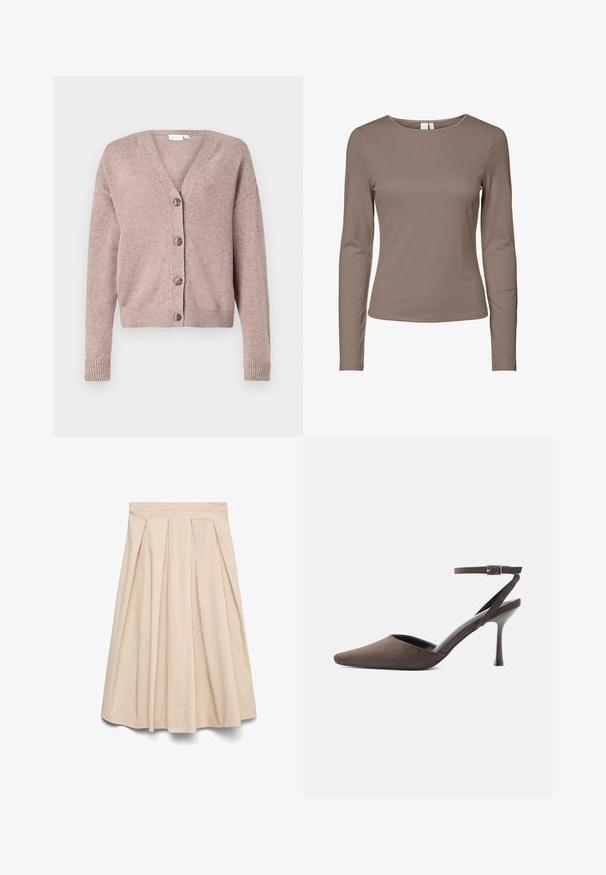 VILA VIRIL V-NECK KNIT CARDIGAN - NOOS - Neuletakki - brown; Pitkähihainen slim fit crew neck -paita, tasaisessa taupe-värissä, jossa on yksinkertainen muotoilu ja ribbikuvio.; Beigen värinen midi-hame, jossa korkea vyötärö, etuosan laskokset, liehuva siluetti ja sileä kangas.; Ruskea mokkanahkainen kärjestä terävä korkokenkä, jossa on ohut nilkkahihna ja hopeanvärinen solki, valkoisella taustalla.