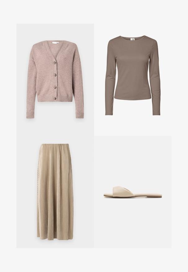 VILA VIRIL V-NECK KNIT CARDIGAN - NOOS - Ζακέτα - brown; Μακρυμάνικο εφαρμοστό μπλουζάκι με στρογγυλή λαιμόκοψη σε ομοιόμορφο καφέ χρώμα, με απλό σχέδιο και ραμμένο υφασμάτινο σχέδιο.; Πλεκτή μπεζ μίντι φούστα με ελαστική μέση, διαθέτοντας κάθετες ρίγες και ροή σιλουέτας για ευκολία κινήσεων.; Φλατ σανδάλια από απαλό μπεζ υλικό, με ανοιχτό μπροστινό σχέδιο, λεία υφή και μινιμαλιστικό σχήμα, συνοδευόμενα από ανοιχτό καφέ σόλα.