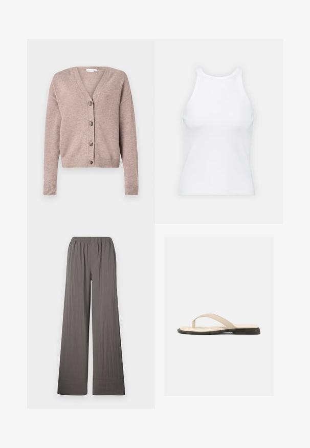VILA VIRIL V-NECK KNIT CARDIGAN - NOOS - Kardigán - brown; Biela bezrukávová tielko vyrobené z rebrovanej látky, s okrúhlym výstrihom a priliehavým strihom, s minimálnymi švami a bez ozdôb.; Široké nohavice z textúrovanej tmavosivej látky. Obsahujú elastický pás a prešité lemy.; Béžové ploché žabky s polstrovanou stielkou a čiernou podrážkou, zobrazené z boku na bielom pozadí.