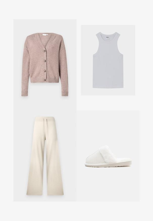 VILA VIRIL V-NECK KNIT CARDIGAN - NOOS - Kardigán - brown; Biely rebrovaný top s okrúhlym výstrihom a širokými ramienkami, značková nášivka "DAY" prišitá vo vnútri goliera.; Béžové nohavice s širokými nohavicami z textúrovanej látky, s elastickým pásom a nastaviteľnou šnúrkou. Bez vreciek a vzorov.; Biele papuče s mäkkým umelým kožúškom, filcovým vrchom, polstrovanou podrážkou a textúrovanou gumovou spodnou časťou pre lepšiu priľnavosť. Jednoduchý, zaoblený dizajn.