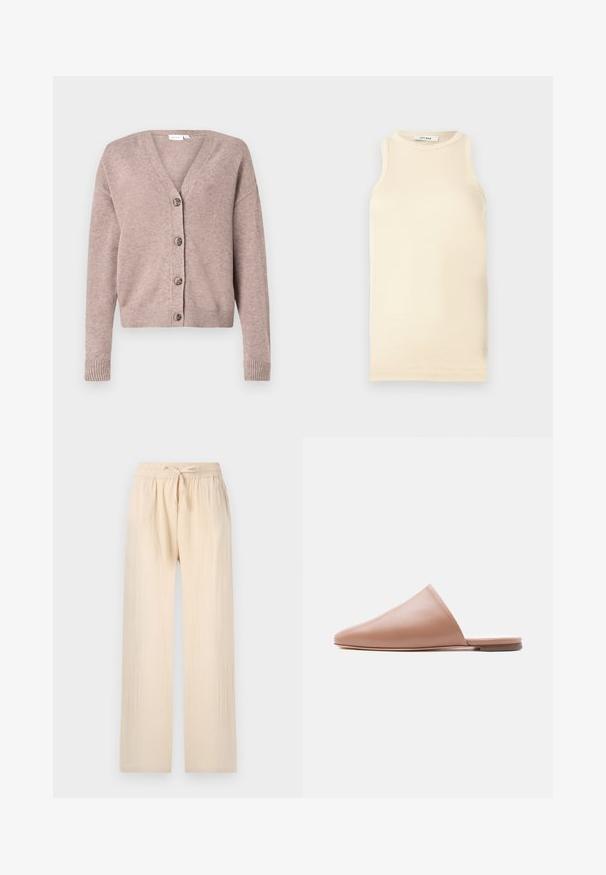 VILA VIRIL V-NECK KNIT CARDIGAN - NOOS - Vest - brown; Lichtbeige mouwloze top van ribstof, met een ronde halslijn en een fitted ontwerp. Glad oppervlak met minimale naden.; Lichtbeige, wijde broek gemaakt van zachte, lichte stof. Elastische tailleband met een trekkoord. Gewelfde structuur en losse pasvorm.; Beige leren mule zonder achterkant met puntige neus en platte zool, zijaanzicht op een egale lichte achtergrond.