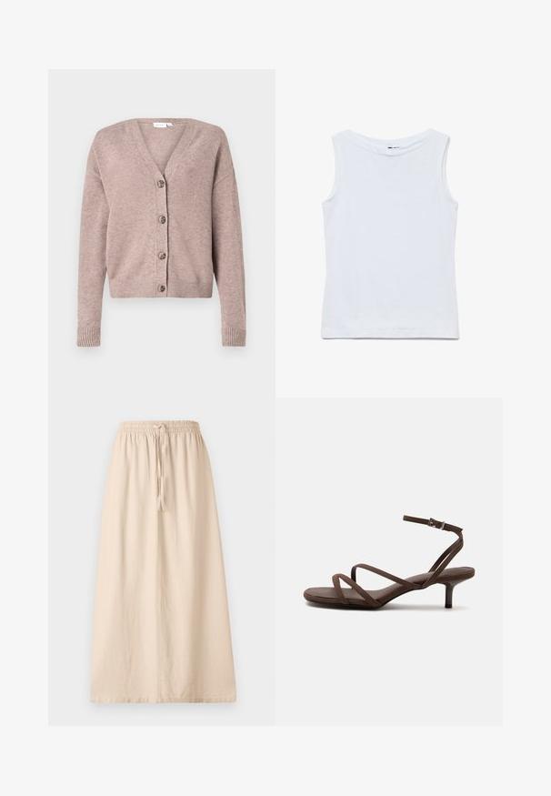 VILA VIRIL V-NECK KNIT CARDIGAN - NOOS - Cardigan - brown; Ærmeløs hvid bomuldstop med bred rund halsudskæring og lige kant, vist fladt på en hvid baggrund.; Beige ankel-længde nederdel lavet af letvægtsstof med elastisk talje og justerbar snor. Har en afslappet, lige silhuet.; Brun højhælet sandal med tynde krydsede stropper og en ankelrem med en sølvspænde på en hvid baggrund.