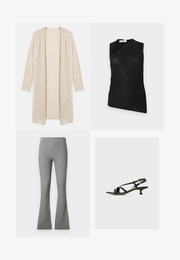 Neule beige cardigan, jossa on avoin etuosa, pitkät hihat ja monimutkainen aukkojen kuvio. Hieman repaleiset reunat lisäävät tekstuuria.; Musta hihaton toppi, jossa epäsymmetrinen kaula-aukko ja kevyt laskostus, merkintä "AERON", esillä yksinkertaisella valkoisella taustalla.; Mustavalkoiset houndstooth-kuvioiset flare-housut, joissa on muotoiltu vyötärö ja sileä kangas, joka ulottuu vyötäröstä helmaan.; Mustasta nahasta valmistettu naisten sandaali, ohuilla ristikkäisillä remmeillä, matala kitten-korko ja pieni kultainen solkisomiste nilkkaremmin kohdalla.