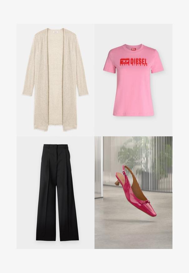 Neule beige cardigan, jossa on avoin etuosa, pitkät hihat ja monimutkainen aukkojen kuvio. Hieman repaleiset reunat lisäävät tekstuuria.; Vaaleanpunainen lyhythihainen T-paita, jossa on punainen Diesel-logo ja teksti rinnan keskellä sekä punainen Diesel-merkkilappu kauluksen sisällä.; Mustat räätälöidyt housut leveällä lahkeella, joissa on etutaskut, vyölenkit ja sileä kangaspinta.; Kiiltävä pinkki slingback-kenkä, jossa matala puukorko ja pieni koristeellinen rusetti kärjessä, sumennetun sisätilan taustan edessä.