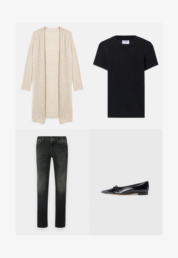 Strikket beige cardigan med åben front, lange ærmer og detaljeret udskæringsmønster. Let slidte kanter for ekstra tekstur.; Sort bomulds T-shirt med rund hals, korte ærmer og en afslappet pasform. Etiketten viser "FILIPPA K" ved halsudskæringen.; Mørkegrå denim jeans med lige snit, fem-lomme design og subtil fading. Har en klassisk lynlåsgylp og metal knaplukning.; Sorte patentlæder flade sko med spids tå, lille dekorativ rem og lav blokhæl. Glat tekstur og strømlinet design.