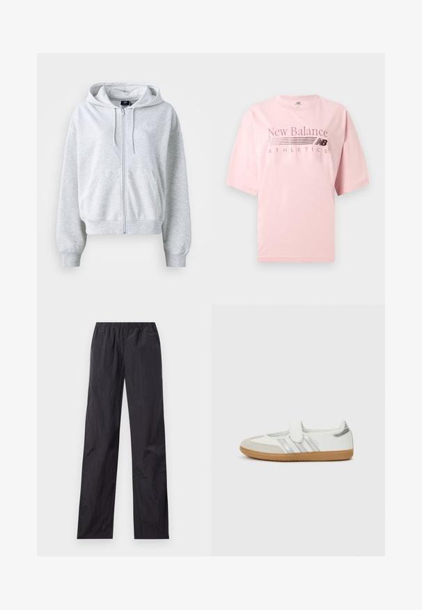 Sudadera gris clara con cremallera frontal, capucha y dos bolsillos delanteros. Presenta puños y dobladillo acanalados, y un sutil logotipo en el pecho.; Camiseta rosa claro de manga corta New Balance Athletics con cuello redondo y texto del logo impreso en el pecho.; Pantalones ligeros negros con piernas rectas, cintura elástica y bolsillos laterales, mostrados planos sobre un fondo claro.; Zapatilla blanca con rayas plateadas, puntera de ante y tira de velcro. Suela de goma perfilada color caramelo. Diseño minimalista con acabado liso.
