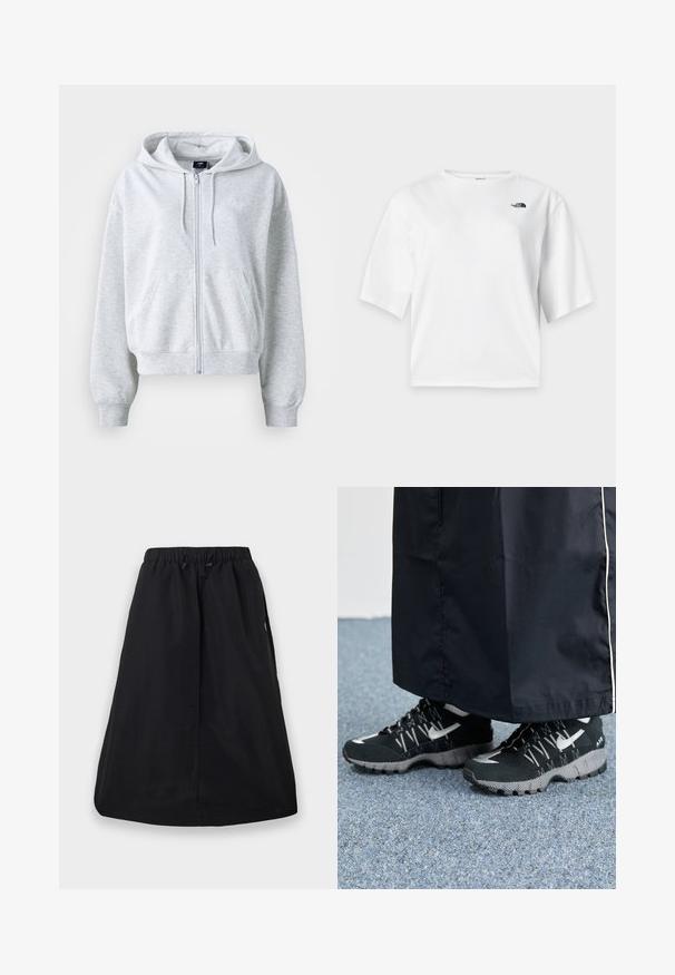 Lichtgrijze sweatshirt met een rits aan de voorkant, capuchon en twee voorzakken. Heeft ribgebreide manchetten en zoom, en een subtiel logo op de borst.; Wit T-shirt met korte mouwen en ronde hals met het zwarte The North Face-logo op de linkerborst.; Zwarte A-lijn rok met elastische tailleband en verstelbare trekkoord, knielengte, effen ontwerp met zijzakken.; Zwarte atletische schoenen met een gestructureerde bovenkant, zilveren accenten en een gestippelde loopzool, gecombineerd met een zwart lang kledingstuk. Geplaatst op een blauwe vloerbedekking.