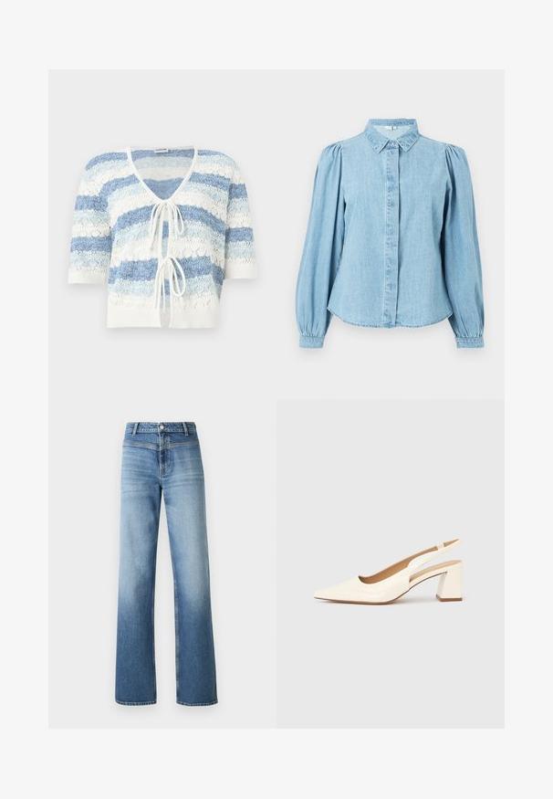 Cardigan en maille à manches courtes, ouverture devant, rayures horizontales bleu et blanc, avec deux liens à nouer à l'avant.; Chemise en denim bleu clair avec un col pointu, une patte de boutonnage à l'avant et des manches longues bouffantes. Texture lisse avec un ourlet arrondi.; Jean en denim bleu clair avec taille haute, coupe droite, délavage et style classique à cinq poches. Fini avec une fermeture à bouton.; Escarpin slingback en cuir verni crème brillant, avec un bout pointu et un talon carré épais pour la stabilité. Design minimaliste, sans ornements.