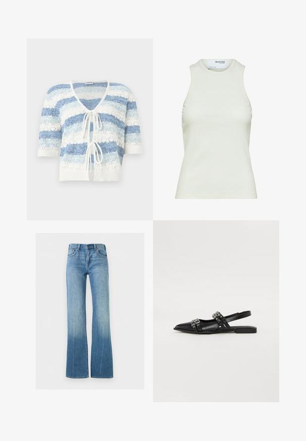Cardigan en maille à manches courtes, ouverture devant, rayures horizontales bleu et blanc, avec deux liens à nouer à l'avant.; Débardeur blanc sans manches côtelé avec encolure ronde de Selected Femme, vue de face sans motifs ni décorations.; Jean en denim bleu clair avec une taille haute et des jambes évasées, doté de poches avant et d'une fermeture à boutons.; Even&Odd by Zalando Ballerines à brides arrière - black