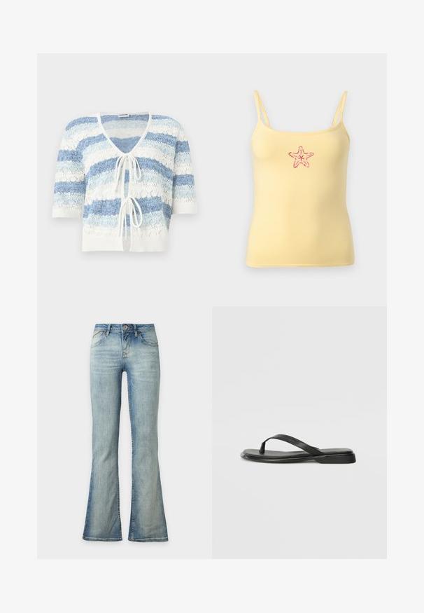 Cardigan en maille à manches courtes, ouverture devant, rayures horizontales bleu et blanc, avec deux liens à nouer à l'avant.; Haut à bretelles spaghetti jaune avec une petite étoile de mer rouge brodée au centre devant.; Jean en denim bleu clair avec un léger évasement au bas, fermeture avant par bouton et fermeture éclair, et poches avant.; Tongs noires en cuir lisse, avec un design de sangle fine et une semelle plate à profil minimal. Aucun motif ou accent notables.