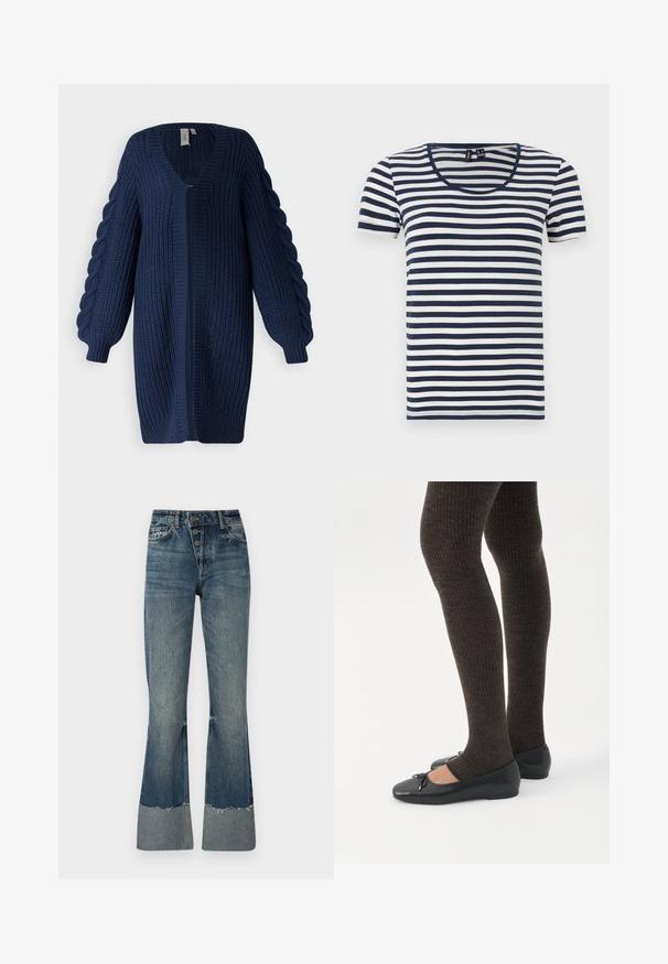 YAS YASSANNE LS KNIT CARDIGAN - Vest - navy blazer; Gestreept T-shirt met korte mouwen, voorzien van marineblauwe en witte horizontale strepen, een ronde halslijn en een zachte katoenen stof.; Denim flared jeans in medium blauw met een hoge taille, vijf knopen en een geschuurd zoom. Beschikt over een lichtere boorden aan de onderkant en een vervaagde textuur.; Benen met donkere geribbelde leggings gecombineerd met zwarte ballerina's met kleine strikdetails op een witte achtergrond.
