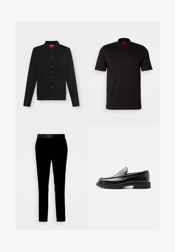 Chemise noire à manches longues boutonnée avec col et poche poitrine, étiquette intérieure rouge marquée "HUGO", présentée sur un fond clair uni.; T-shirt noir à manches courtes avec un design à col haut. Fabriqué en tissu lisse. Présente une étiquette de marque rouge à l'intérieur du col.; Pantalon en velours noir à coupe ajustée, texture lisse et ceinture assortie. Il présente des jambes droites et des poches latérales.; Mocassin en cuir noir avec semelle en caoutchouc épaisse, dessus cousu et nom de marque embossé sur le talon, présenté de profil sur fond blanc.