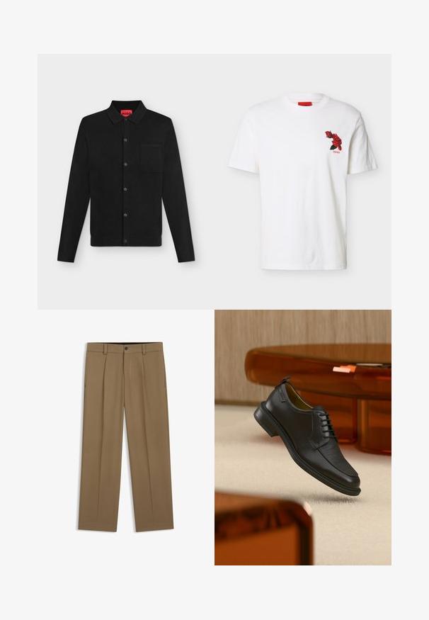Chemise noire à manches longues boutonnée avec col et poche poitrine, étiquette intérieure rouge marquée "HUGO", présentée sur un fond clair uni.; T-shirt blanc à manches courtes avec col rond, petit motif rouge de rose et texte "HUGO" sur la poitrine gauche.; Pantalon droit marron avec passants de ceinture, bouton sur le devant et fermeture éclair, présenté à plat sur fond blanc.; Chaussure habillée noire en cuir à lacets avec devant texturé, flottant au-dessus d'un tapis beige dans une pièce moderne avec des meubles teintés d'ambre.