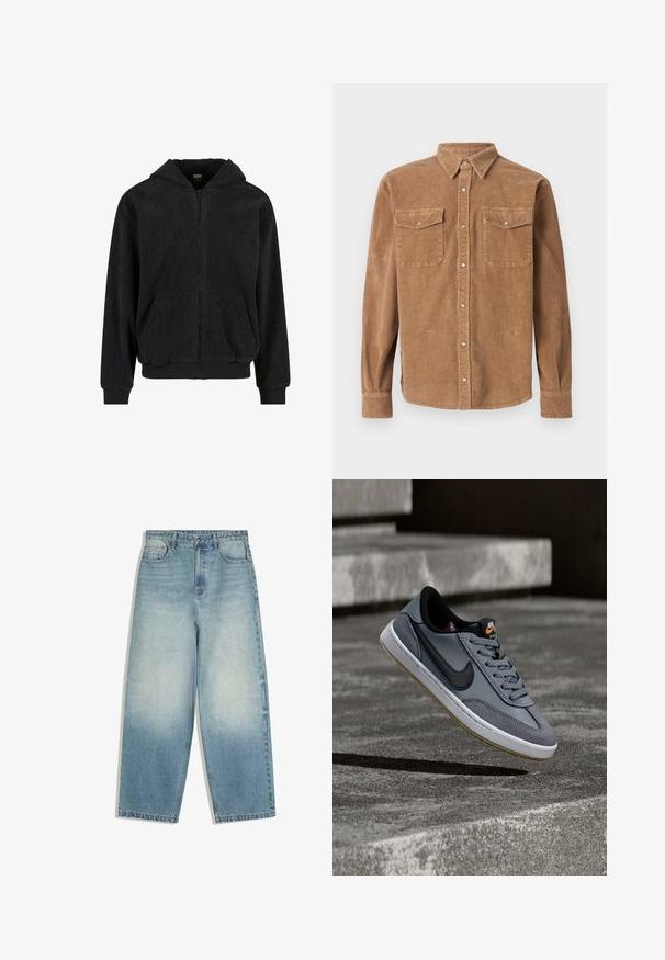 Sort zip-hoodie med et tekstureret mønster, der har hætte, to forlommer og ribbede cuffe og kant. Fremstillet af blødt stof.; Brun kordfløjelsskjorte med knapkrave, to brystlommer og en tekstureret overflade. Har knaplukning og lange ærmer.; Lyseblå high-waist vidbenede jeans med falmet vask, frontknaplukning og fem-lomme design.; Nike-sneaker i gråt læder og ruskind med en sort swoosh, hvid mellemsål og tekstureret gummiydersål med gum-detaljer.